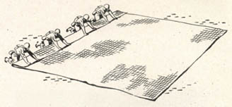 [FIGURE 54 (a). Lay net in an open space on the ground and stretch it square.  Line up on the long side and insert thumbs into edge of mesh.]