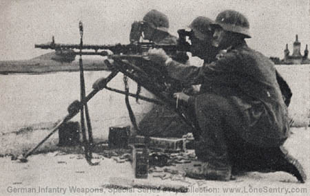 [Figure 37. M.G. 34 in action on tripod mount, with antiaircraft and telescopic sights.]