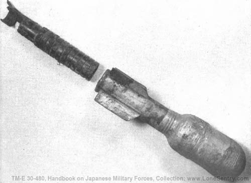 [Figure 175(b). Spigot type grenade launcher and ammunition (at the top is shown the fragmentation grenade in position for firing, at bottom, the smoke grenade and launcher).]